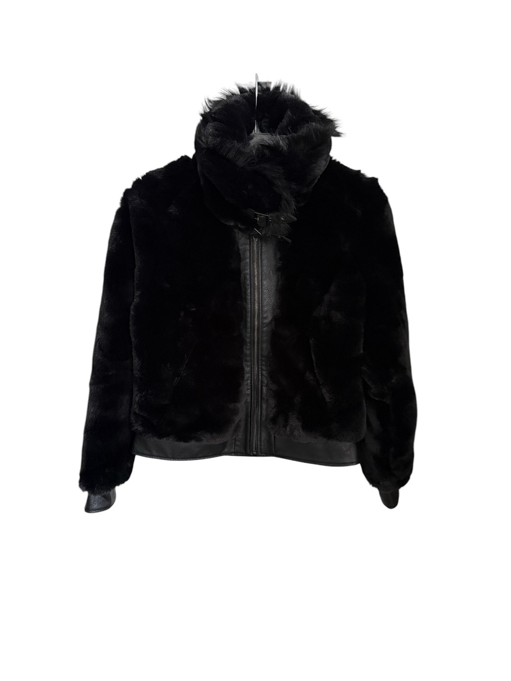 Silent New York Faux Fur Moto Jacket Crop Buckle Collar Pockets S Snap Cuffs
